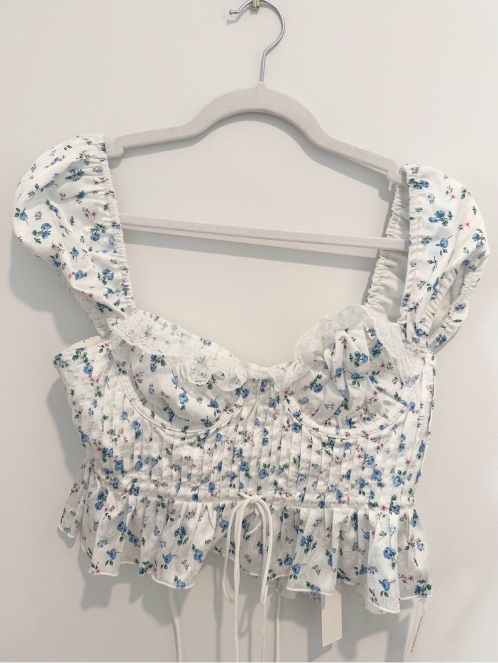 For Love & Lemons White Floral Lace-Trim Corset Crop Top